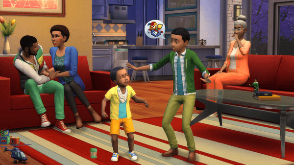 The image shows characters interacting on the Sims 4