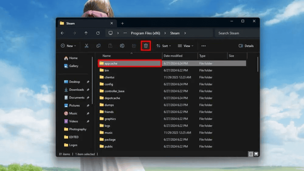 The image illustrates the Windows file library, highlighting the Steam application cache folder